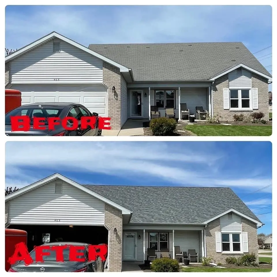 Before and after shingle roof replacement showing dramatic improvement