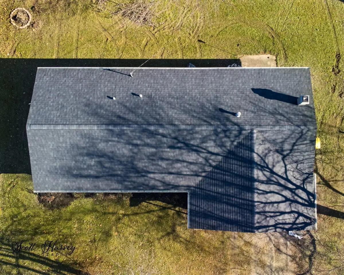 Aerial overhead view of completed architectural shingle roof