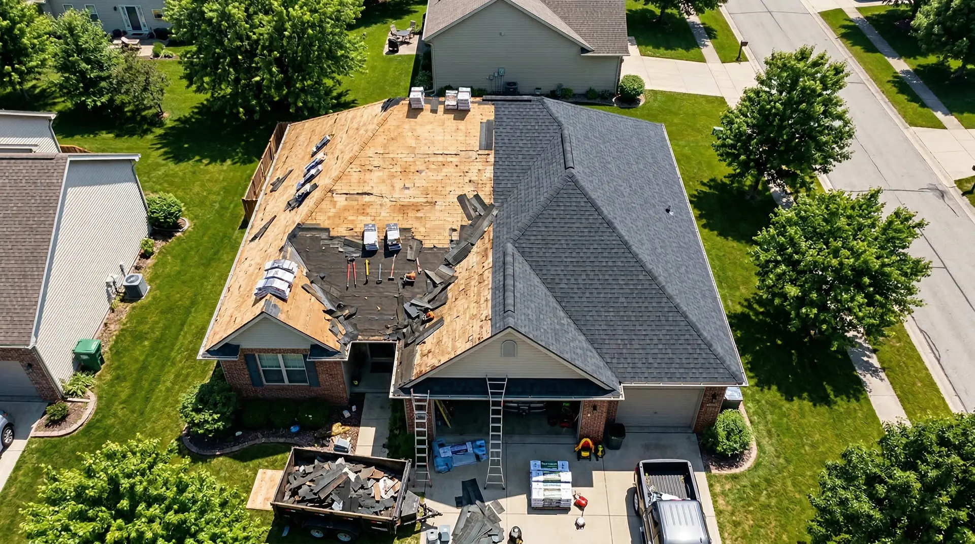Aerial drone shot of a roof replacement in progress by Big Dog Roofing in Fort Wayne, Indiana